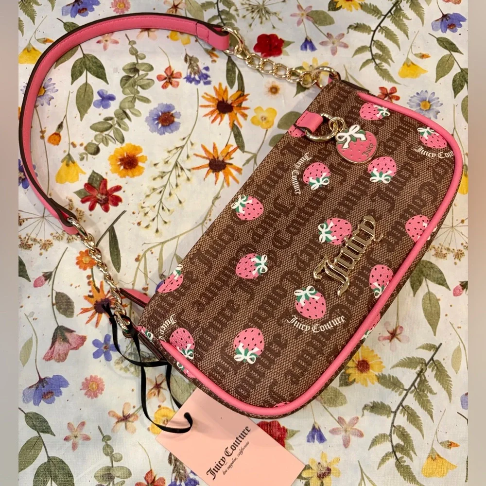 NWT JUICY COUTURE Pink Strawberry Print Shoulder Bag with 2 strawberry charm🍓 - Picture 7 of 13